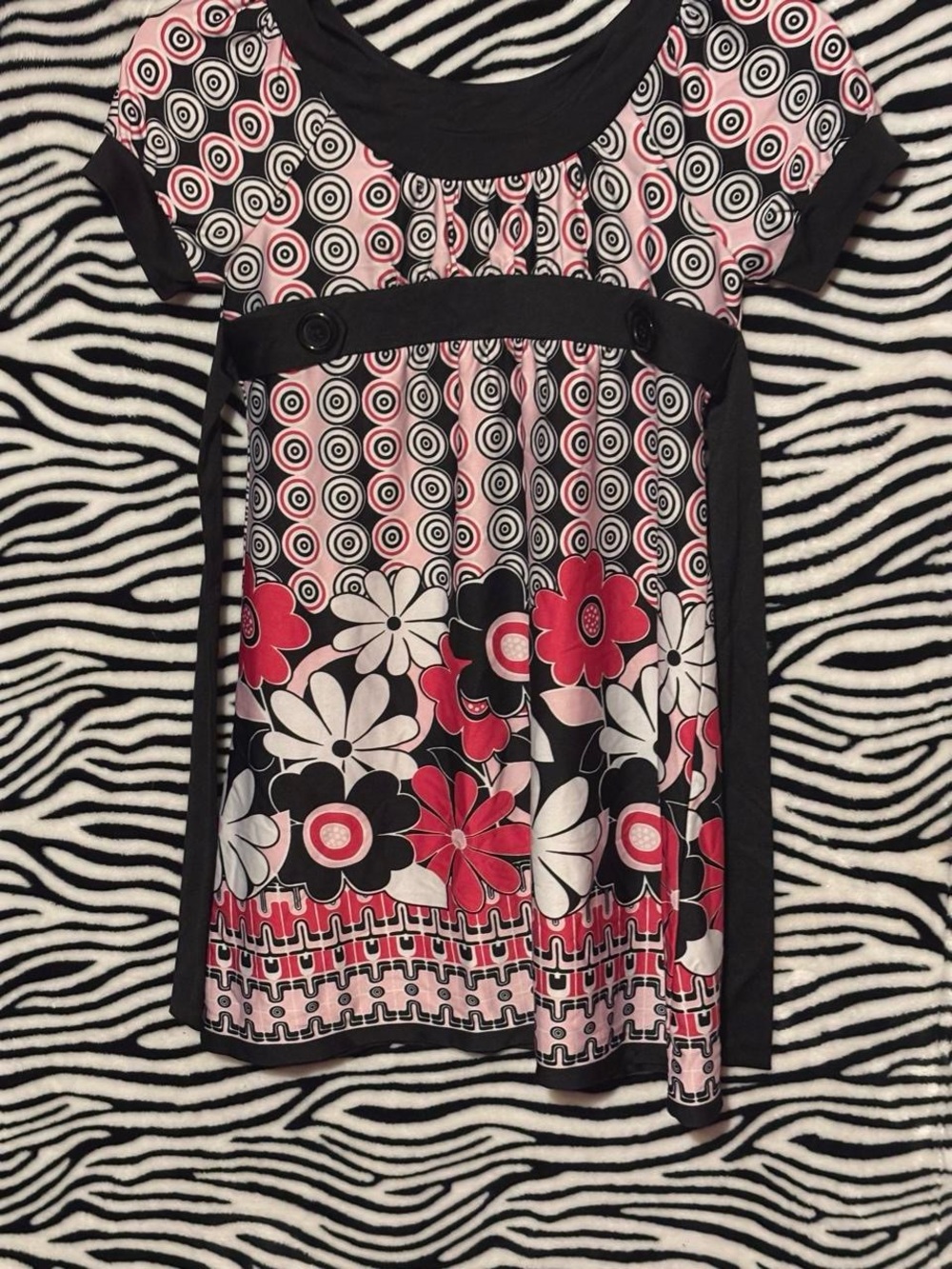 George Black Pink White Floral Print Short Sleeve Blouse